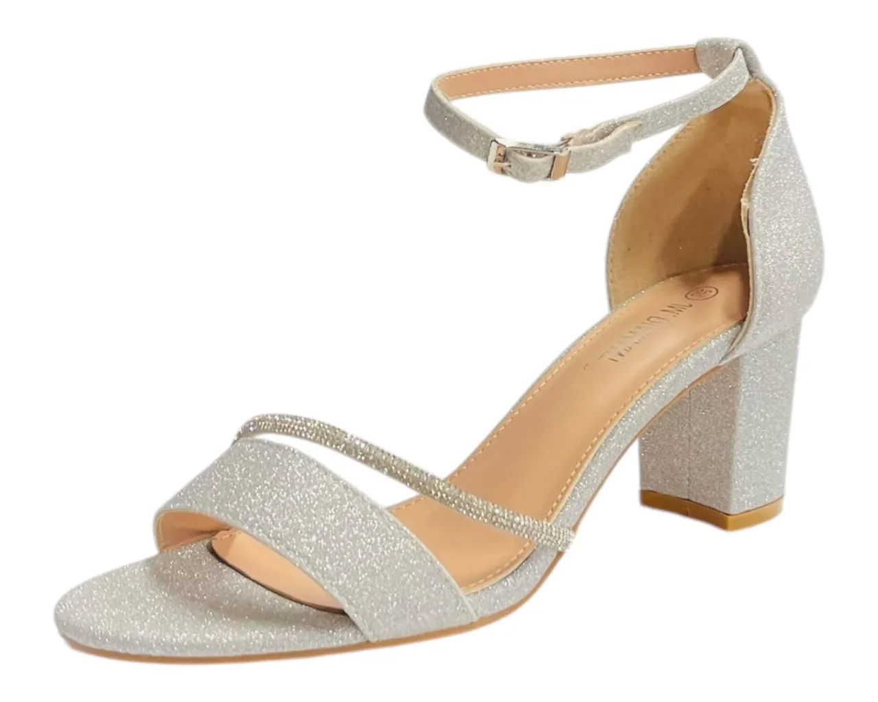 Glitter Ankle Strap Block Heel Diamante Shoes