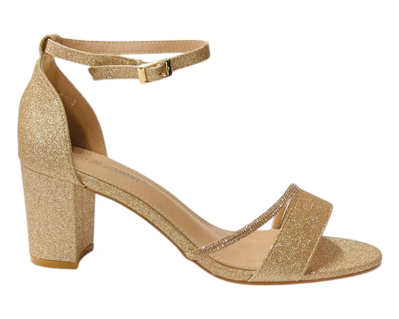 Glitter Ankle Strap Block Heel Diamante Shoes