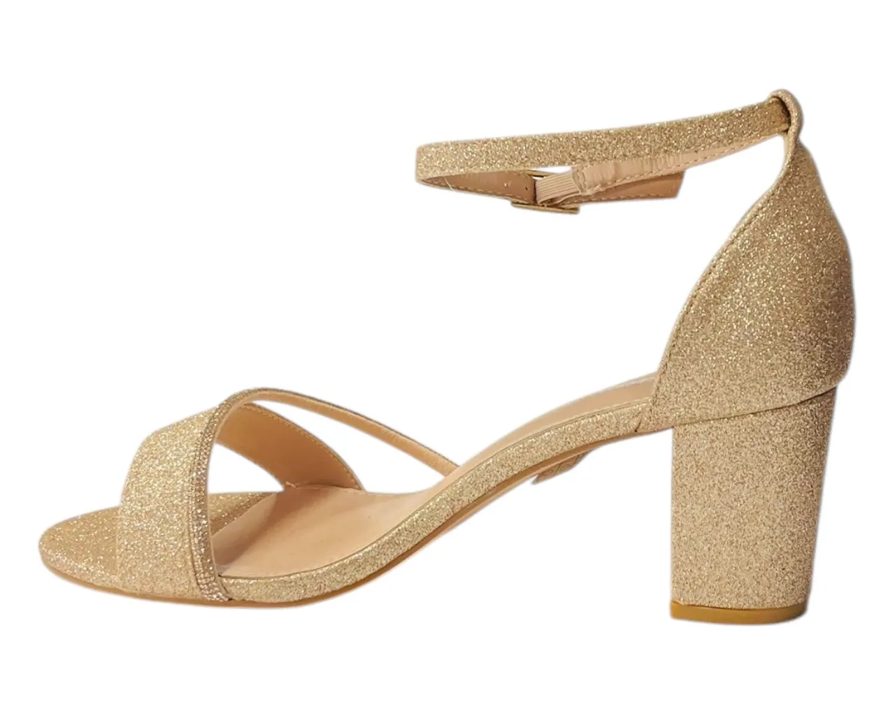 Glitter Ankle Strap Block Heel Diamante Shoes
