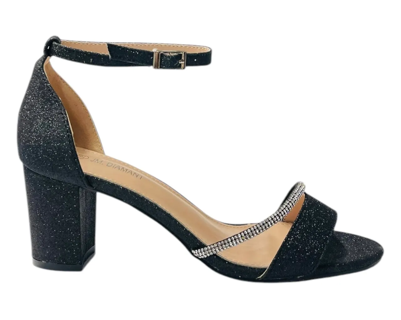 Glitter Ankle Strap Block Heel Diamante Shoes