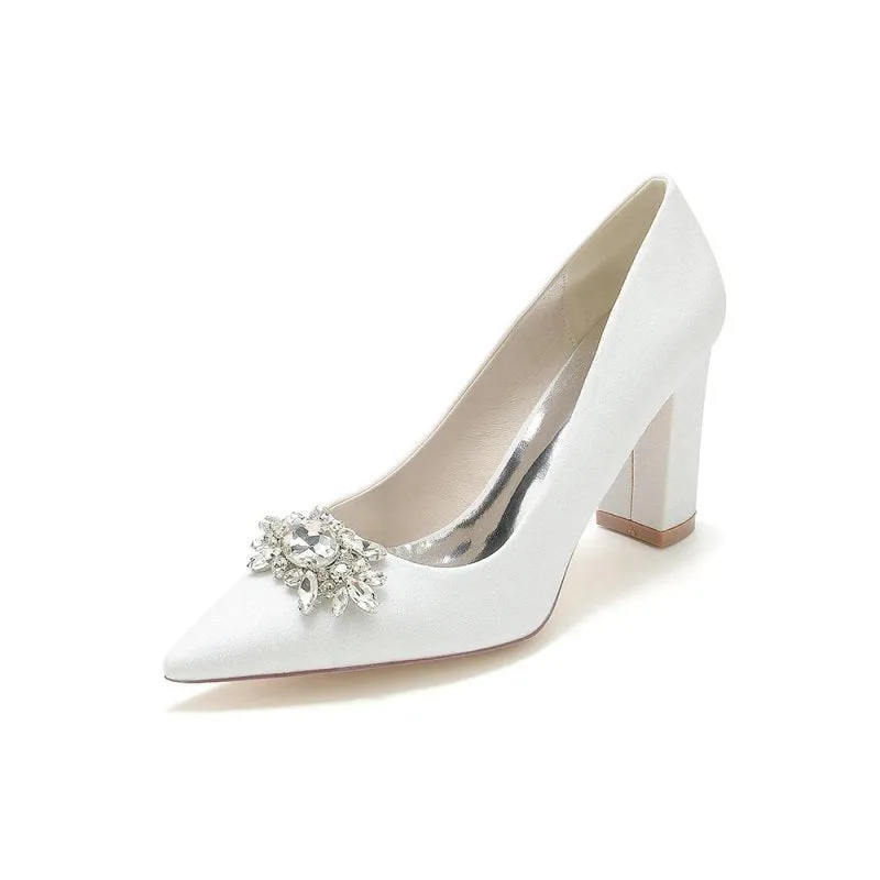 Glitter Pointed Toe Chunky Heels With Rhinestone