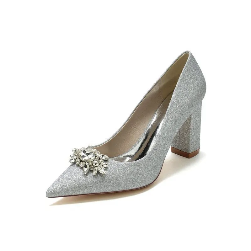 Glitter Pointed Toe Chunky Heels With Rhinestone