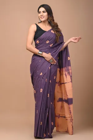 Grape Purple Hand Block Printed MulMul Cotton Saree