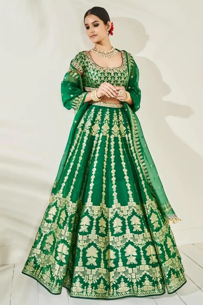 Green Banarasi Organza Silk  Lehenga