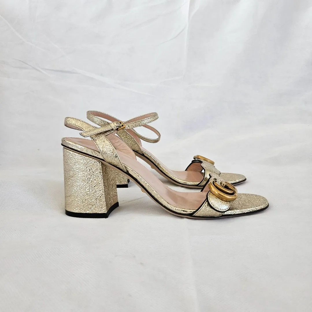 Gucci Gold Textured Leather Sandals, 38