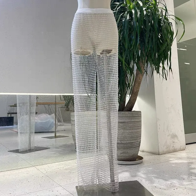 Handmade Rhinestone Fishnet See Through Mesh Loose Trousers