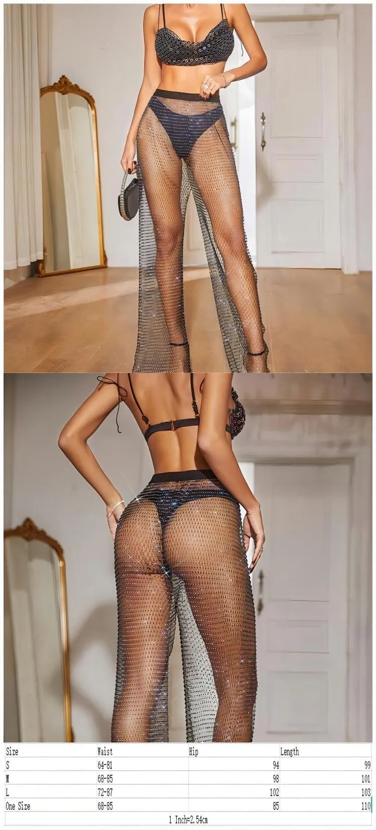 Handmade Rhinestone Fishnet See Through Mesh Loose Trousers