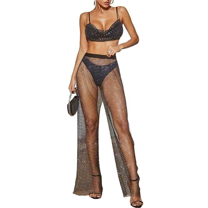 Handmade Rhinestone Fishnet See Through Mesh Loose Trousers