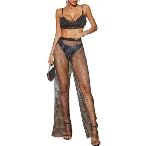 Handmade Rhinestone Fishnet See Through Mesh Loose Trousers