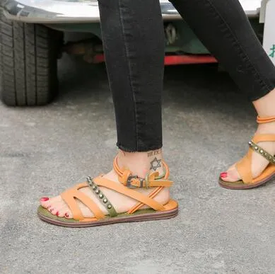 Handmade Women Summer Beach Flat Sandals Vintage Yellow Studded Casual Sandalias Femmes Rope Strap Ladies Outside Footwear Shoes