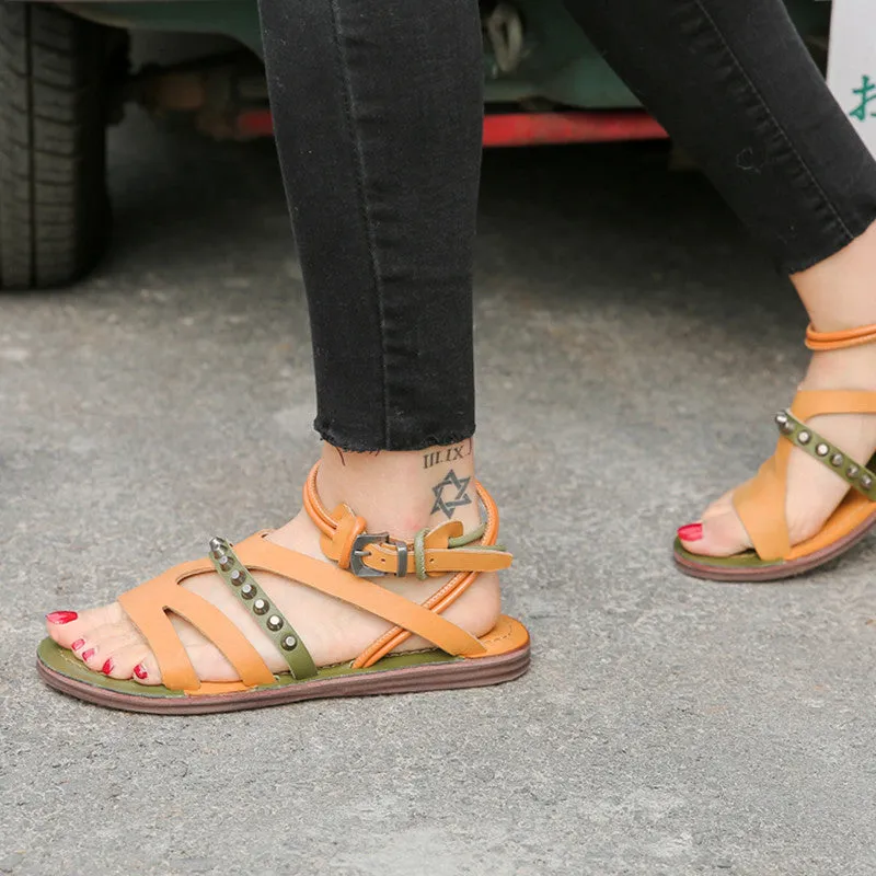 Handmade Women Summer Beach Flat Sandals Vintage Yellow Studded Casual Sandalias Femmes Rope Strap Ladies Outside Footwear Shoes