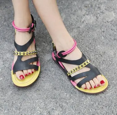 Handmade Women Summer Beach Flat Sandals Vintage Yellow Studded Casual Sandalias Femmes Rope Strap Ladies Outside Footwear Shoes