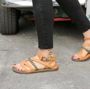 Handmade Women Summer Beach Flat Sandals Vintage Yellow Studded Casual Sandalias Femmes Rope Strap Ladies Outside Footwear Shoes
