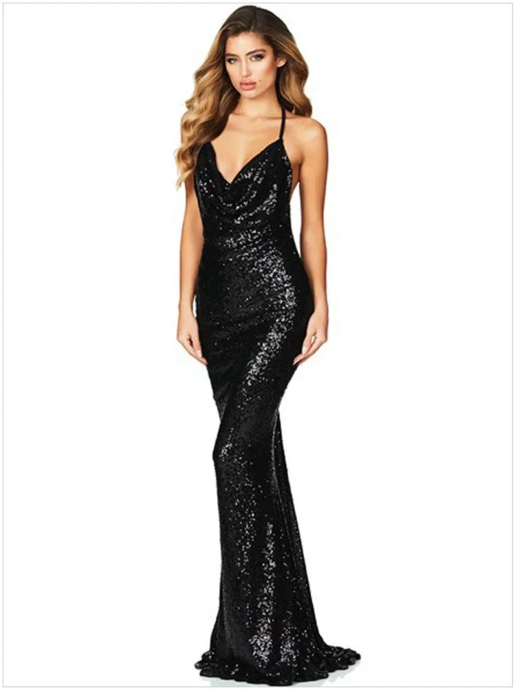 Haven Formal Sequin Charming Scroll Halter Dress