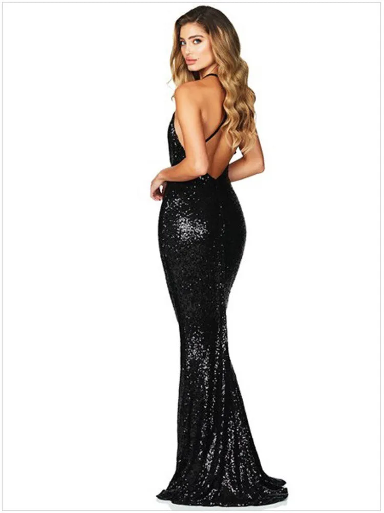 Haven Formal Sequin Charming Scroll Halter Dress