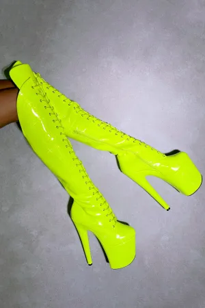 Hella Heels The Glitterati Over The Knee 8inch Boots - Citrus Yellow Burst