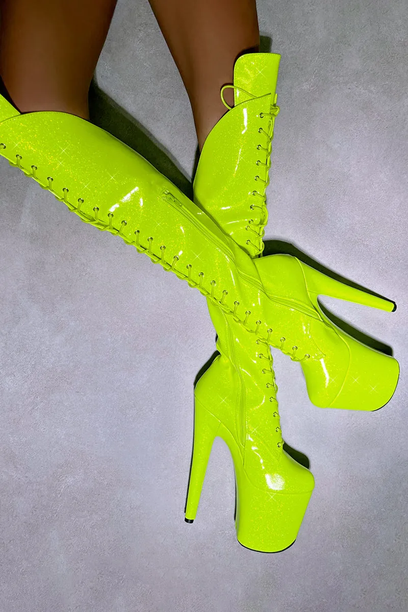 Hella Heels The Glitterati Over The Knee 8inch Boots - Citrus Yellow Burst