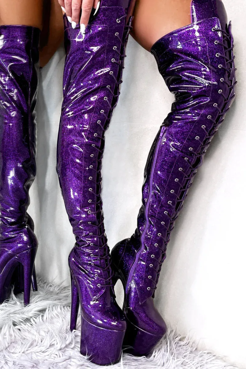 Hella Heels The Glitterati Thigh High 8inch Boots - Purple Rain