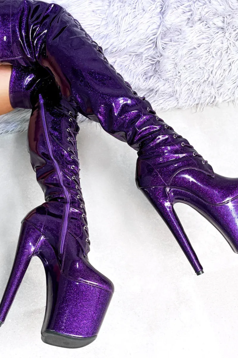 Hella Heels The Glitterati Thigh High 8inch Boots - Purple Rain