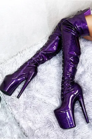 Hella Heels The Glitterati Thigh High 8inch Boots - Purple Rain