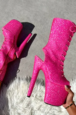 Hella Heels The Glitterati XTRA OHOT 8inch Boots - Kitty Pink