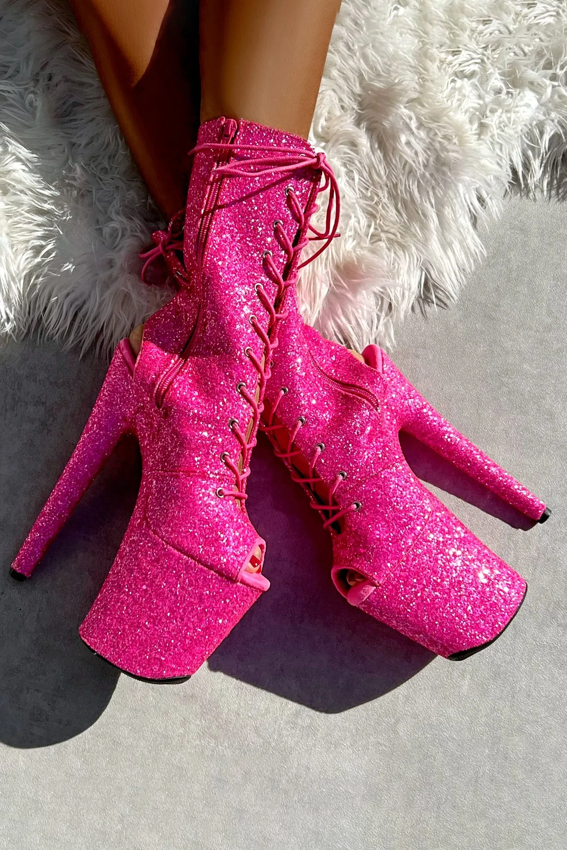 Hella Heels The Glitterati XTRA OHOT 8inch Boots - Kitty Pink
