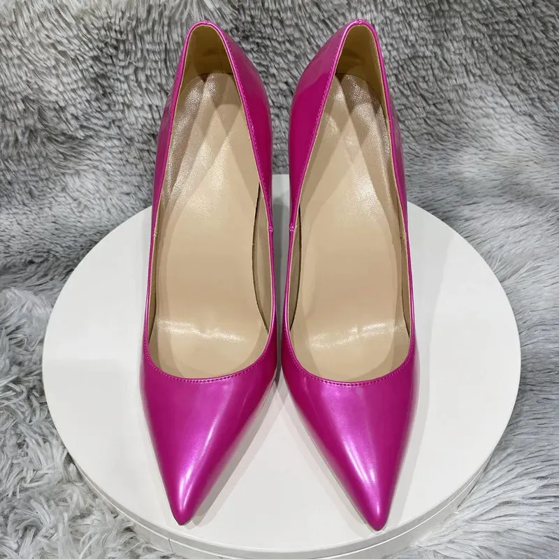 high heel shoes 12cm red Pearly rose red metallic and shiny shoes
