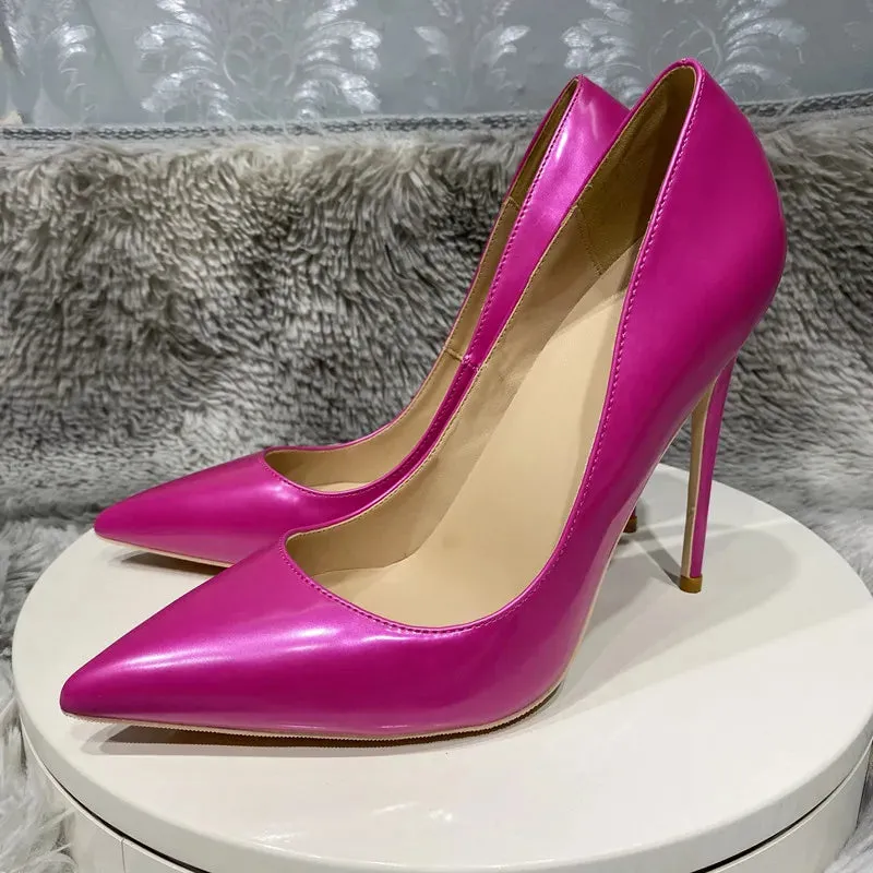 high heel shoes 12cm red Pearly rose red metallic and shiny shoes