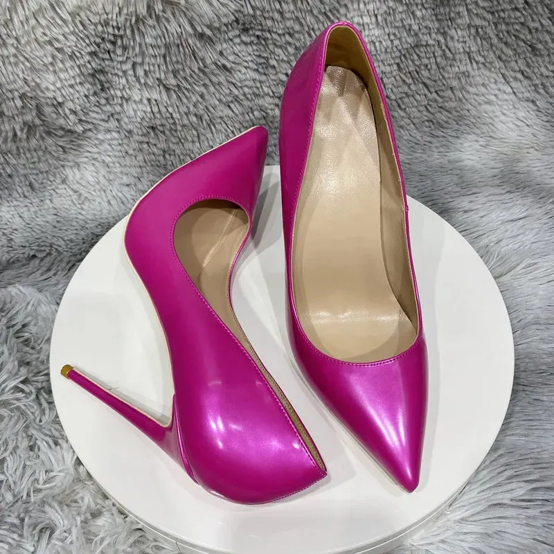 high heel shoes 12cm red Pearly rose red metallic and shiny shoes
