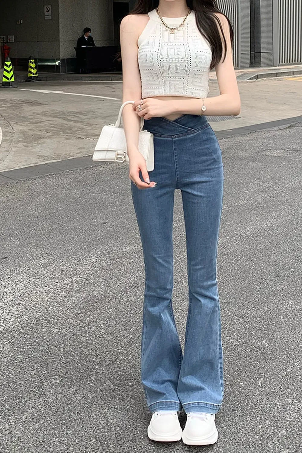 High Waist Asymmetrical Flare Jeans Pants