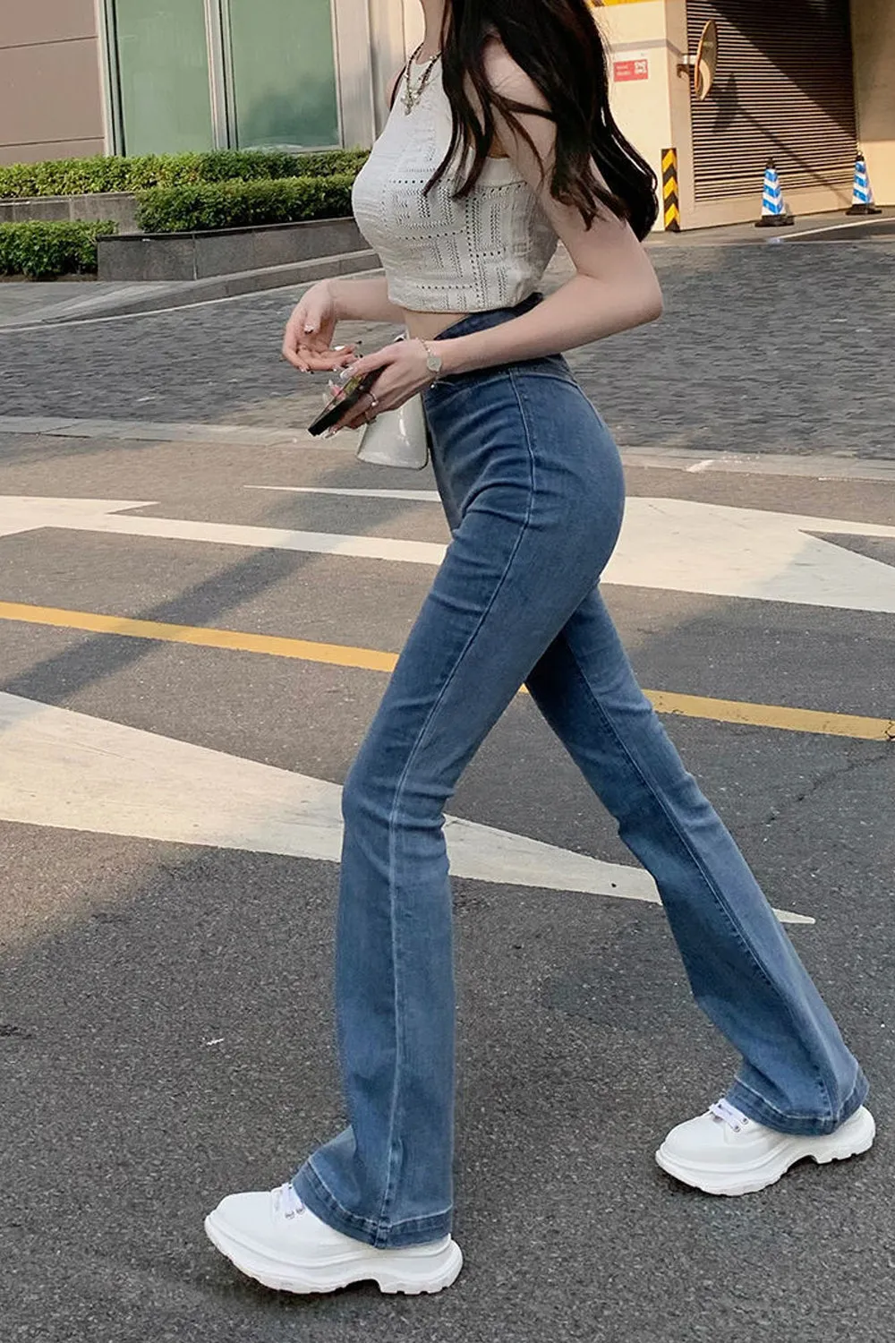 High Waist Asymmetrical Flare Jeans Pants