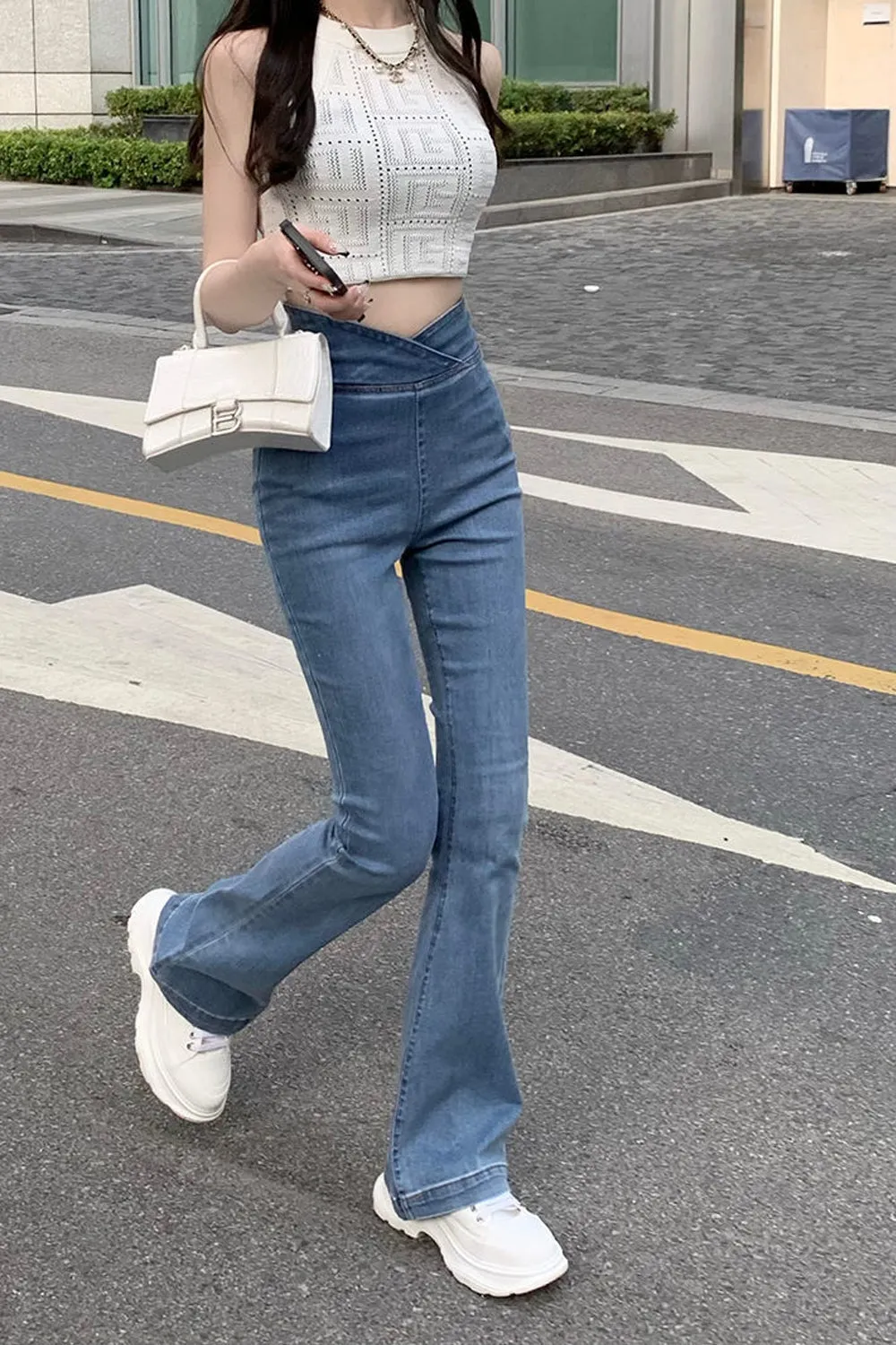 High Waist Asymmetrical Flare Jeans Pants
