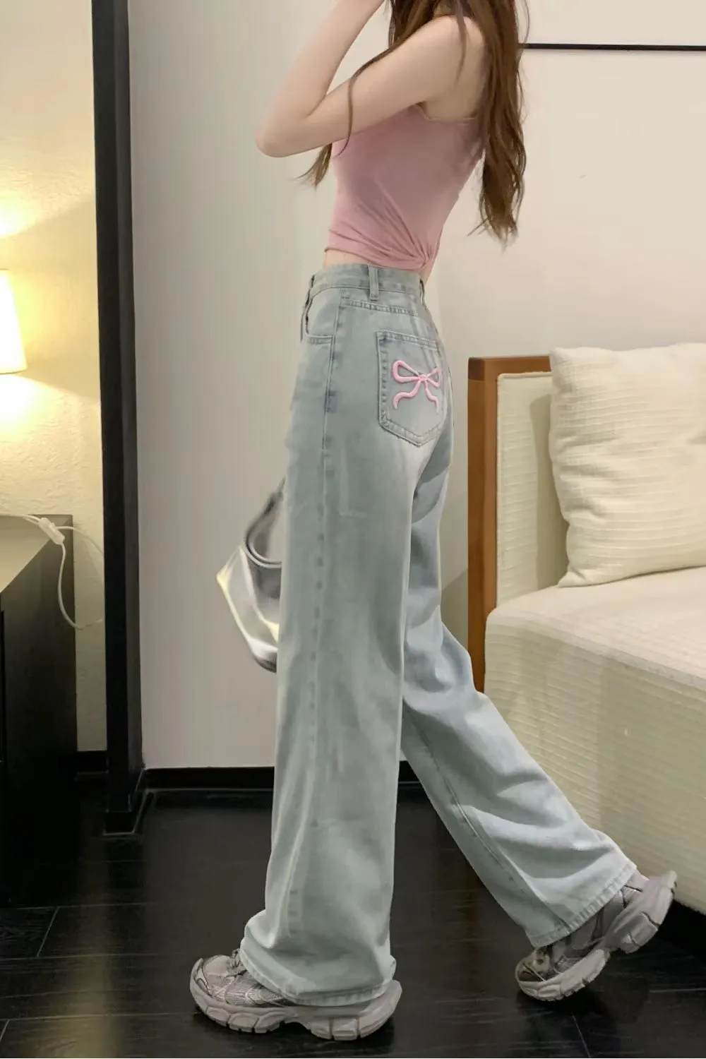 High Waist Cute Pocket Bow Embroidered Long Jeans Pants