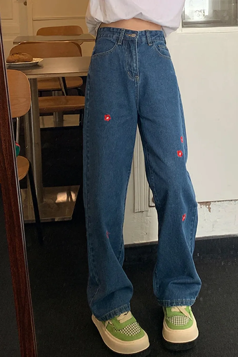 High Waist Red Daisy Embroidered Long Jeans Pants