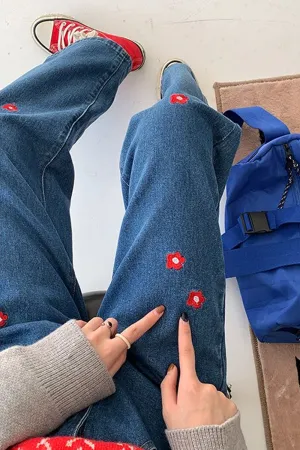 High Waist Red Daisy Embroidered Long Jeans Pants