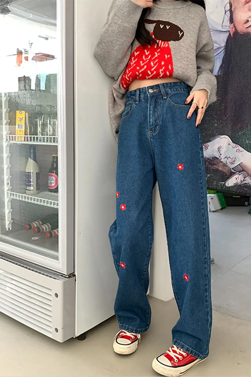 High Waist Red Daisy Embroidered Long Jeans Pants