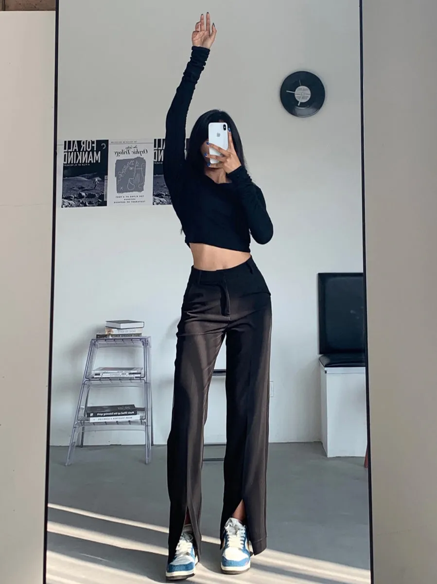 High Waist Split Leg Black Jeans Pants