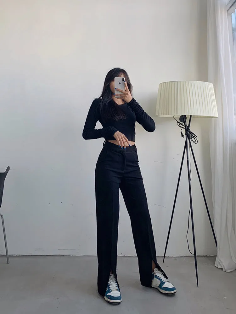 High Waist Split Leg Black Jeans Pants