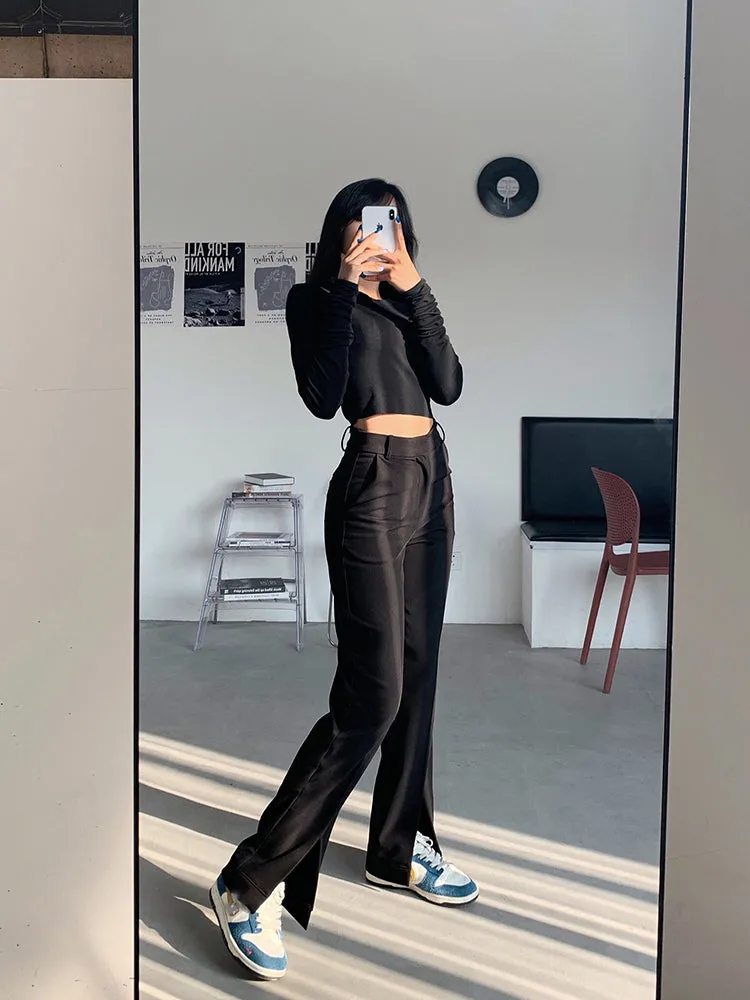 High Waist Split Leg Black Jeans Pants