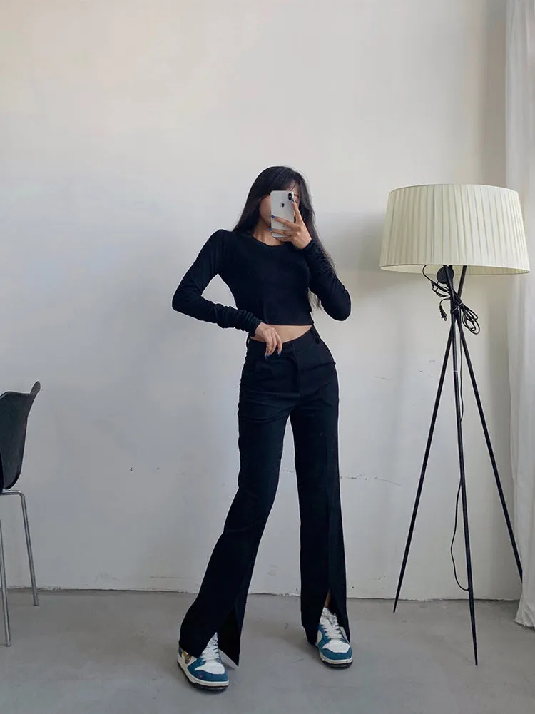 High Waist Split Leg Black Jeans Pants