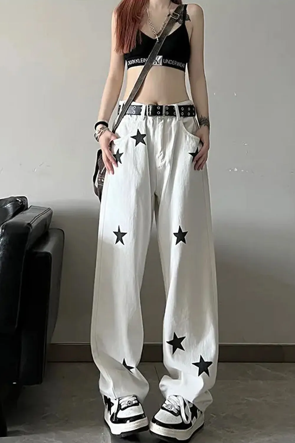 High Waist Stars Pattern Jeans Pants