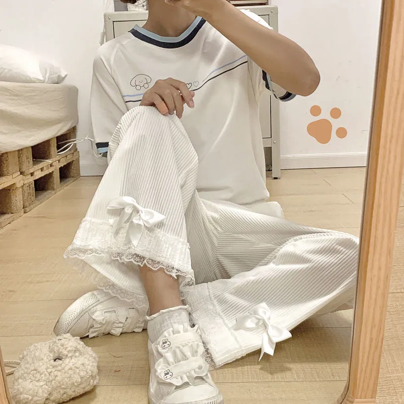 High Waist Sweet Lace Bow Corduroy Pants