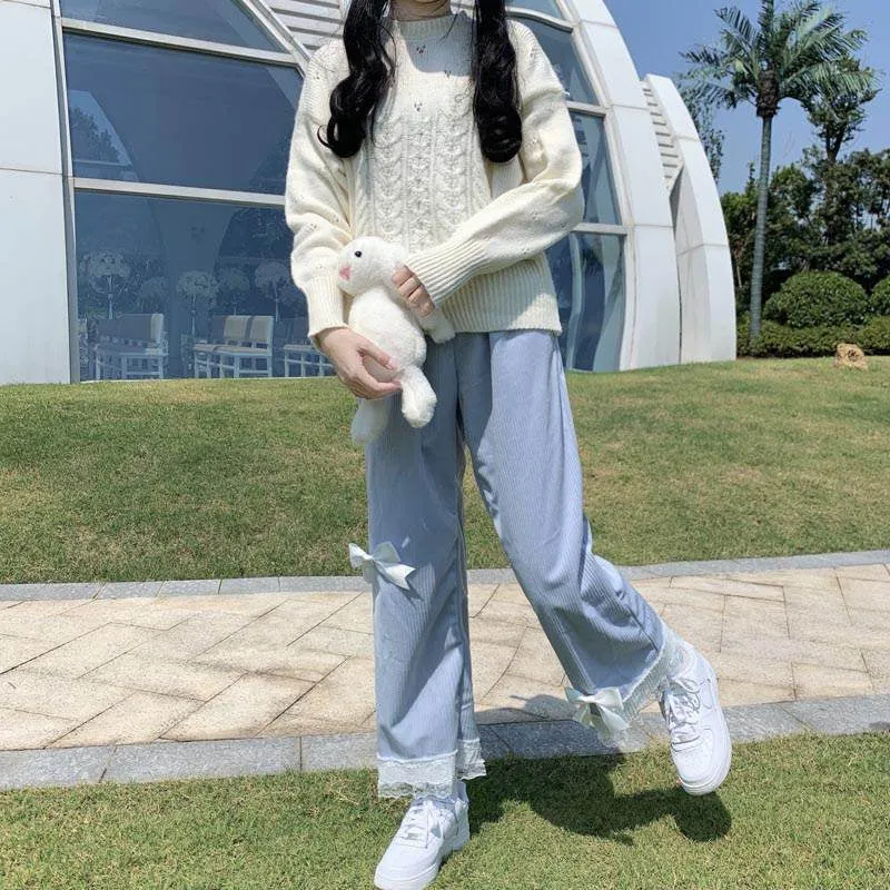 High Waist Sweet Lace Bow Corduroy Pants