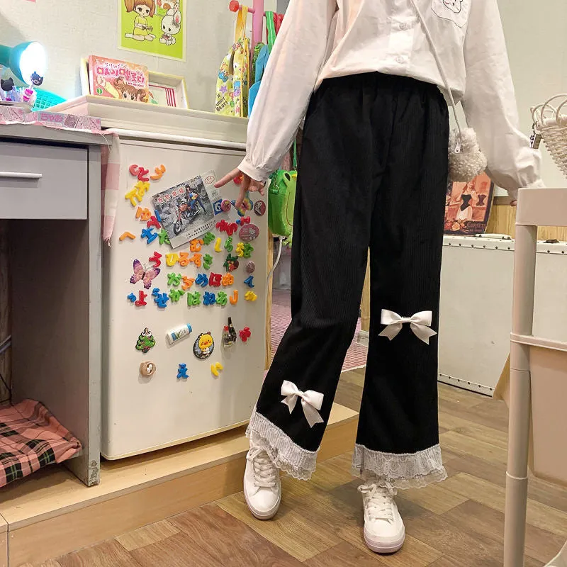 High Waist Sweet Lace Bow Corduroy Pants