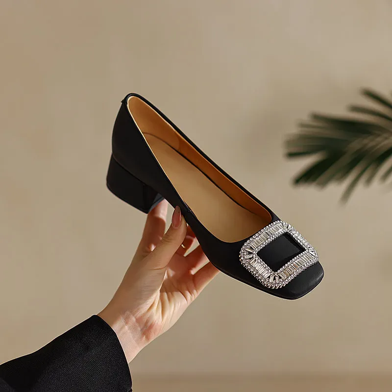 Hope Rhinestone Black Square Toe Heels