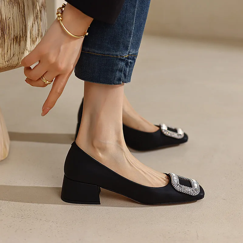 Hope Rhinestone Black Square Toe Heels