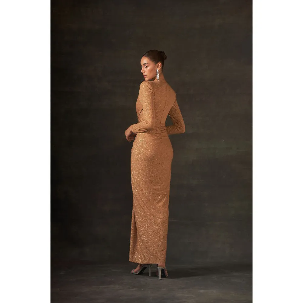 House of Exotique Golden Long Gown with A Drape and Center Slit