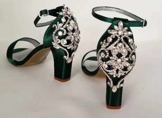 Hunter Green Wedding Shoes with Block Heel Crystal Heel Design