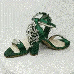 Hunter Green Wedding Shoes with Block Heel Crystal Heel Design