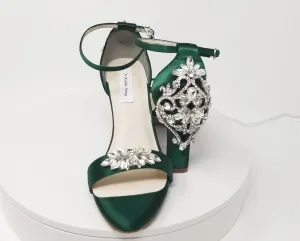 Hunter Green Wedding Shoes with Block Heel Crystal Heel Design